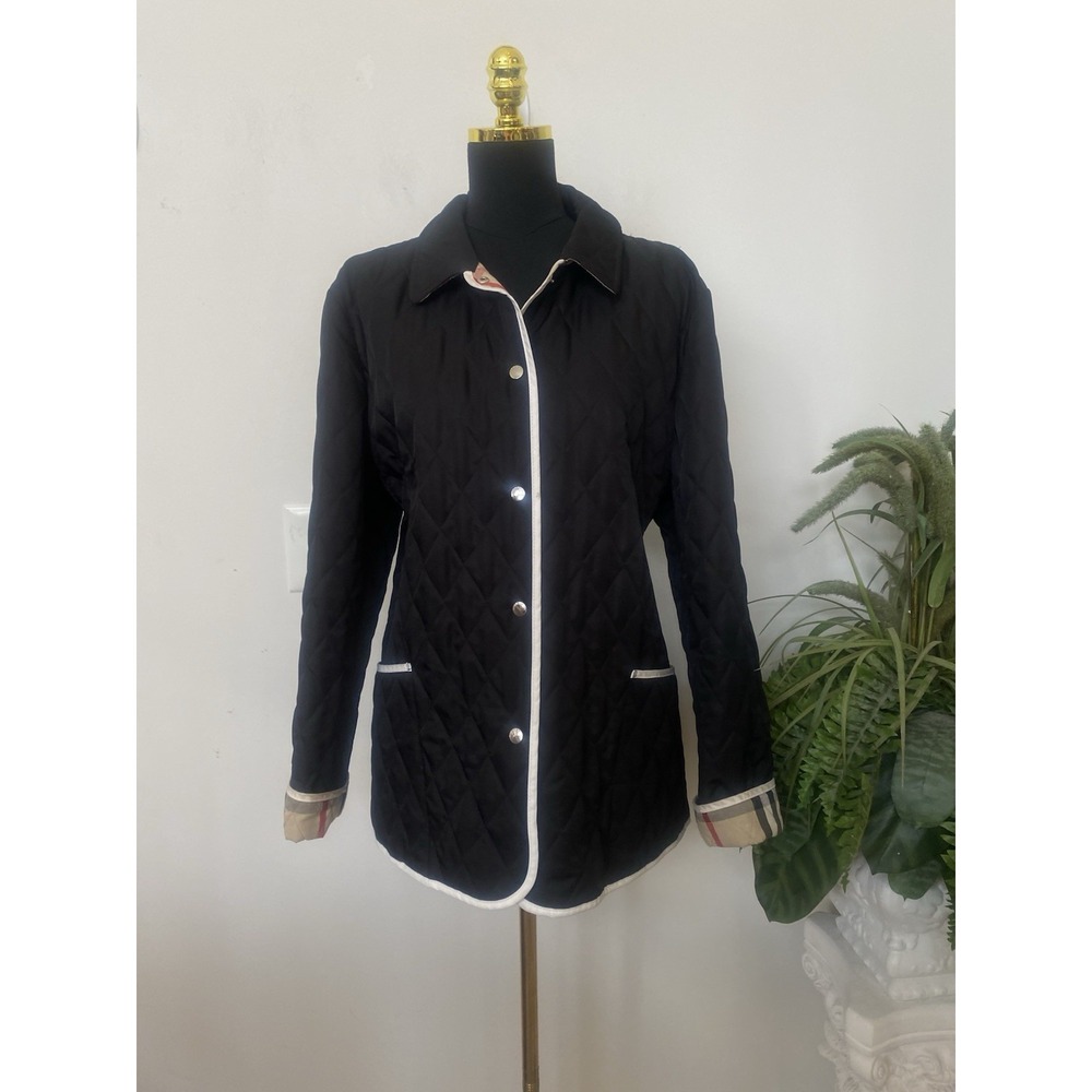 Burberry Black/White Trim Diamond Quilted Nova Check Jacket Coat Sz XL EUC! $950